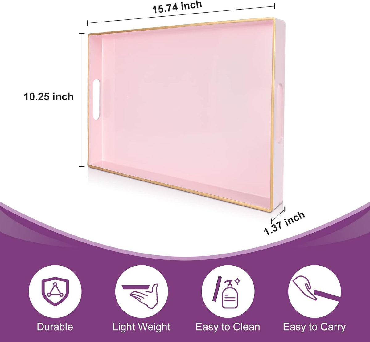 Pink Serving Trays,Decorative Serving Tray with Handles, Coffee Table Rectangular Trays Plastic Tray for Ottoman Bathroom,Living Room, 15.7” x 10.2” x1.37”