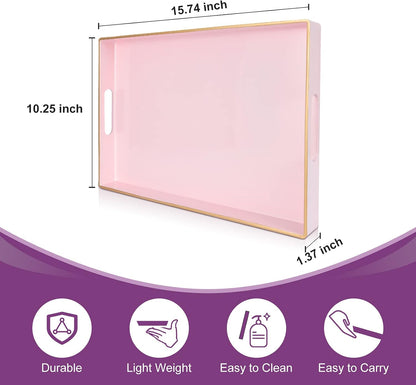 Pink Serving Trays,Decorative Serving Tray with Handles, Coffee Table Rectangular Trays Plastic Tray for Ottoman Bathroom,Living Room, 15.7” x 10.2” x1.37”
