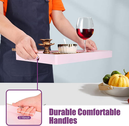 Pink Serving Trays,Decorative Serving Tray with Handles, Coffee Table Rectangular Trays Plastic Tray for Ottoman Bathroom,Living Room, 15.7” x 10.2” x1.37”