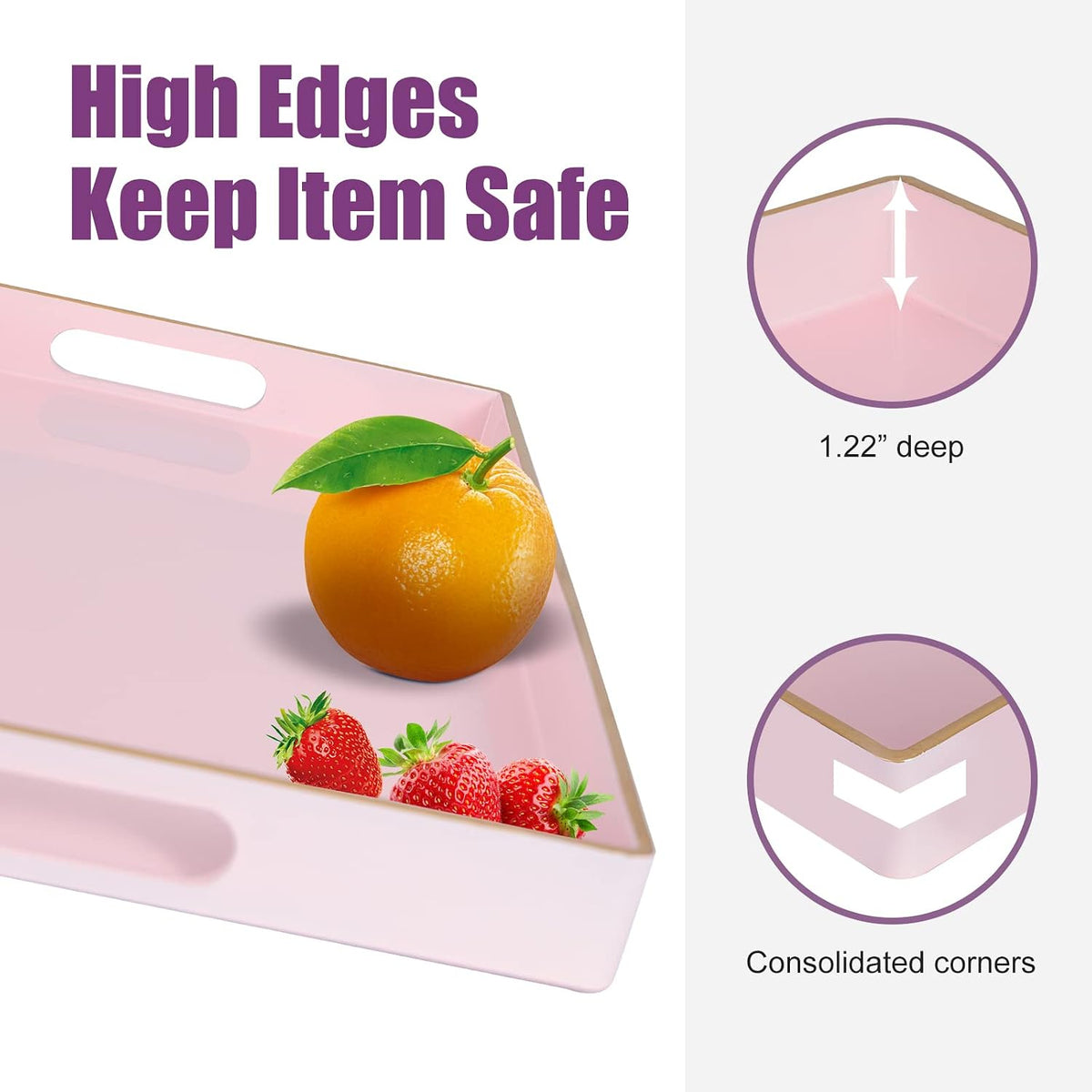 Pink Serving Trays,Decorative Serving Tray with Handles, Coffee Table Rectangular Trays Plastic Tray for Ottoman Bathroom,Living Room, 15.7” x 10.2” x1.37”
