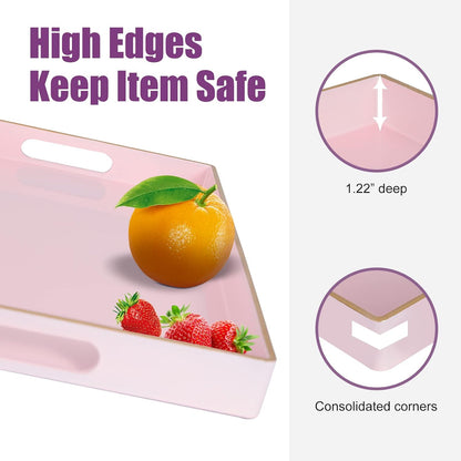 Pink Serving Trays,Decorative Serving Tray with Handles, Coffee Table Rectangular Trays Plastic Tray for Ottoman Bathroom,Living Room, 15.7” x 10.2” x1.37”