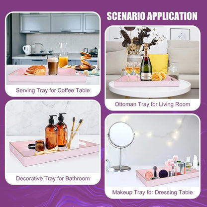 Pink Serving Trays,Decorative Serving Tray with Handles, Coffee Table Rectangular Trays Plastic Tray for Ottoman Bathroom,Living Room, 15.7” x 10.2” x1.37”
