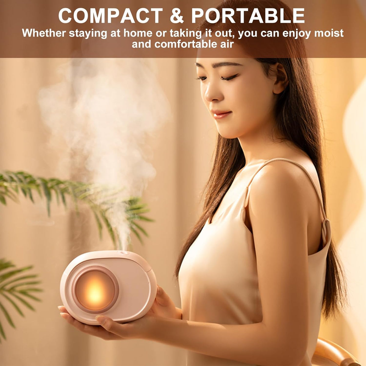 Humidifier for Bedroom, 400ml Desktop Fog Humidifiers, Essential Oil Diffuser with Dynamic Candlelight Flame Lamp, Suitable for Home, Travel & Plant Intelligent Anti Dry Burning Humidifier (Pink)