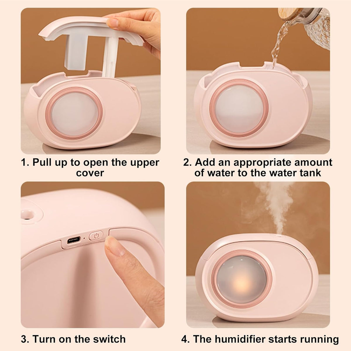 Humidifier for Bedroom, 400ml Desktop Fog Humidifiers, Essential Oil Diffuser with Dynamic Candlelight Flame Lamp, Suitable for Home, Travel & Plant Intelligent Anti Dry Burning Humidifier (Pink)