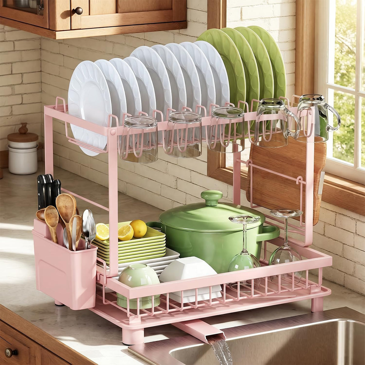 2-Tier Dish Drying Rack for Kitchen Counter, Space-Saving, Pink