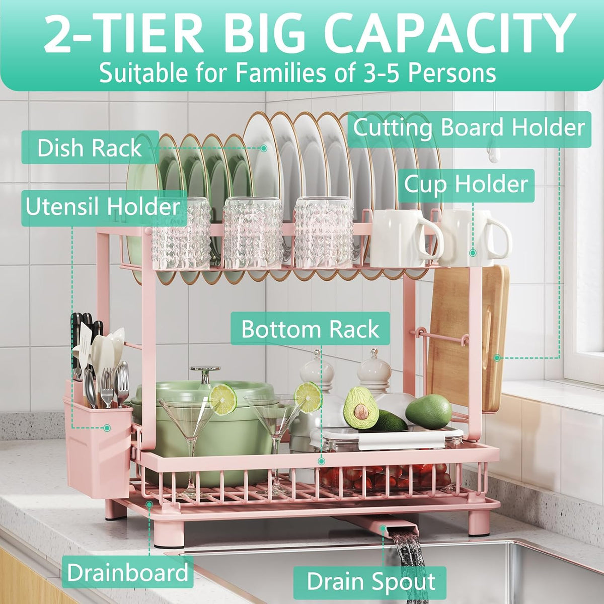 2-Tier Dish Drying Rack for Kitchen Counter, Space-Saving, Pink