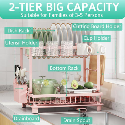 2-Tier Dish Drying Rack for Kitchen Counter, Space-Saving, Pink