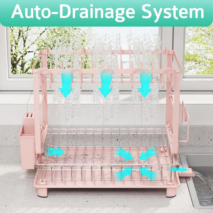2-Tier Dish Drying Rack for Kitchen Counter, Space-Saving, Pink