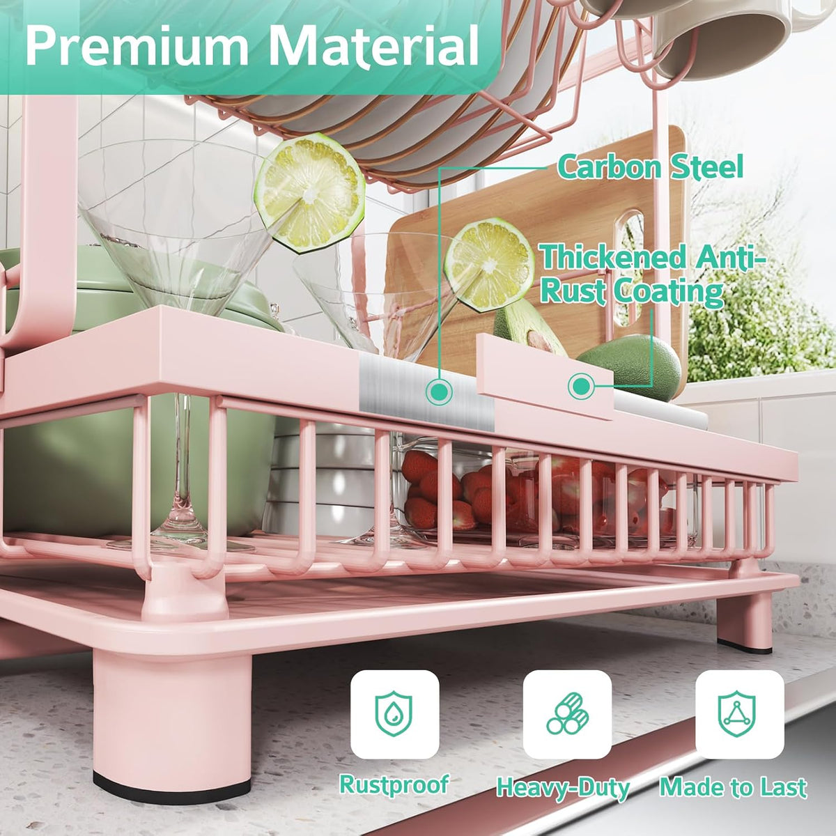 2-Tier Dish Drying Rack for Kitchen Counter, Space-Saving, Pink