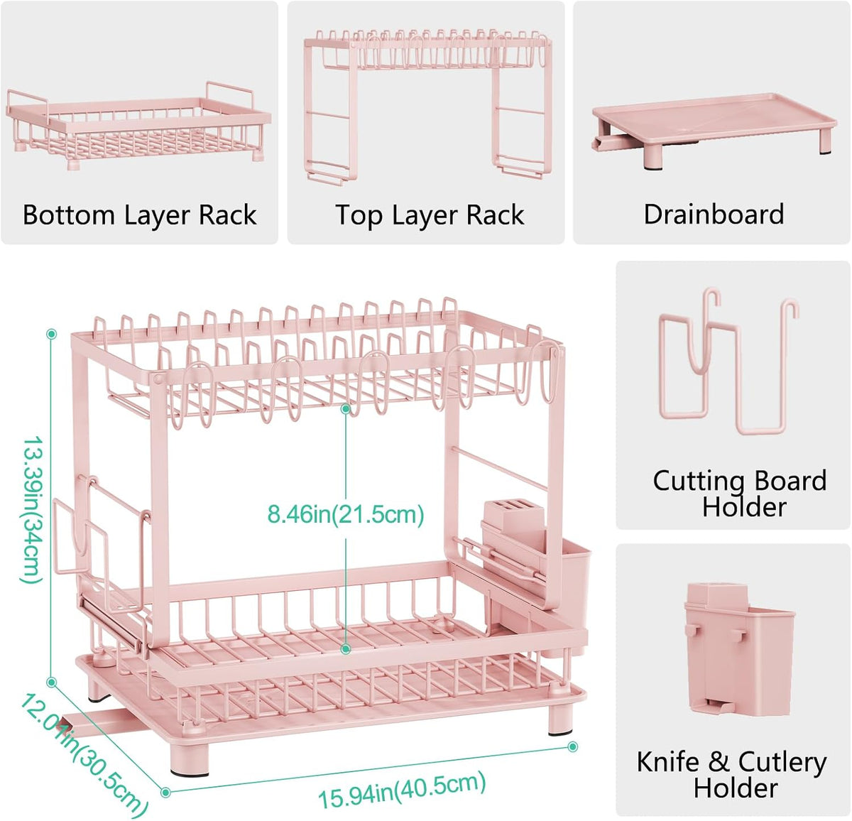 2-Tier Dish Drying Rack for Kitchen Counter, Space-Saving, Pink