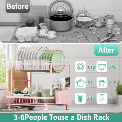 2-Tier Dish Drying Rack for Kitchen Counter, Space-Saving, Pink