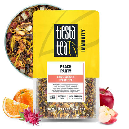 Peach Party, Loose Leaf, Peach Hibiscus Herbal Brew, Premium Blend, Non-Caffeinated Fruit Blend, Makes Hot or Iced & Up to 25 Cups, 2oz Resealable Pouch