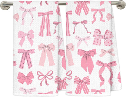 Coquette Pink Bow Kitchen Towels, Trendy Preppy Pink Bow Decorative Dish Tea Hand Towels for Kitchen Bathroom, 16x24 Inches Set of 2, Coquette Girly Bathroom Decor