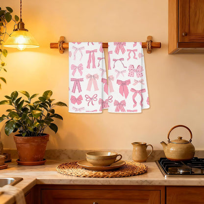 Coquette Pink Bow Kitchen Towels, Trendy Preppy Pink Bow Decorative Dish Tea Hand Towels for Kitchen Bathroom, 16x24 Inches Set of 2, Coquette Girly Bathroom Decor