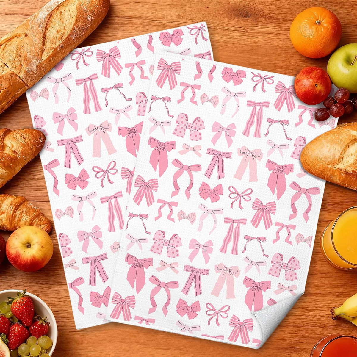 Coquette Pink Bow Kitchen Towels, Trendy Preppy Pink Bow Decorative Dish Tea Hand Towels for Kitchen Bathroom, 16x24 Inches Set of 2, Coquette Girly Bathroom Decor
