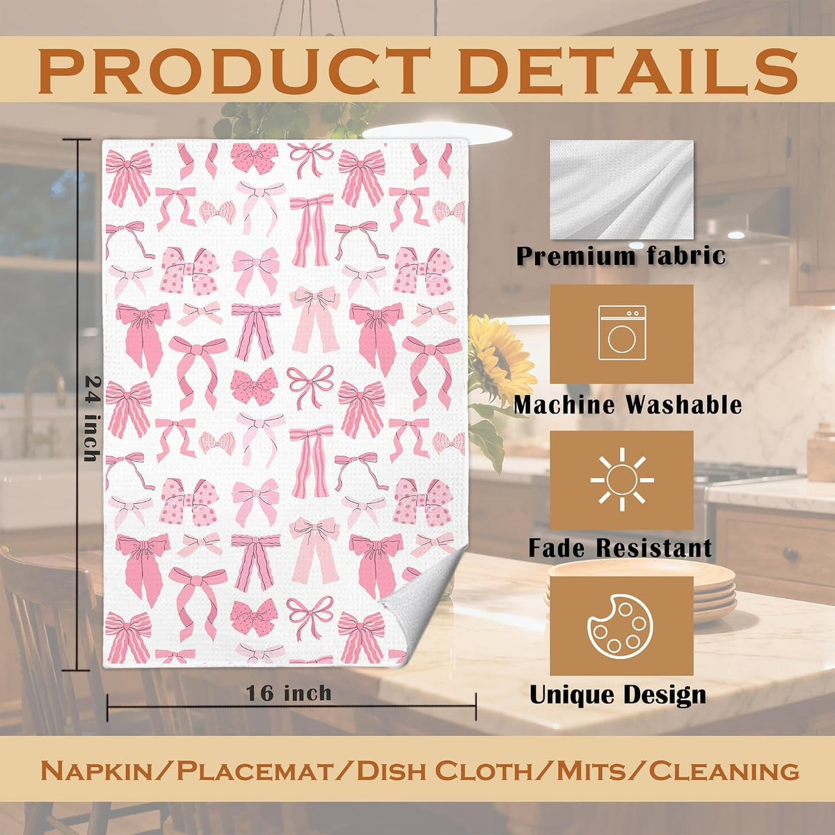 Coquette Pink Bow Kitchen Towels, Trendy Preppy Pink Bow Decorative Dish Tea Hand Towels for Kitchen Bathroom, 16x24 Inches Set of 2, Coquette Girly Bathroom Decor