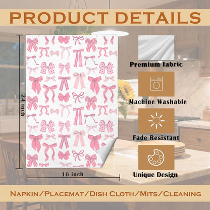 Coquette Pink Bow Kitchen Towels, Trendy Preppy Pink Bow Decorative Dish Tea Hand Towels for Kitchen Bathroom, 16x24 Inches Set of 2, Coquette Girly Bathroom Decor