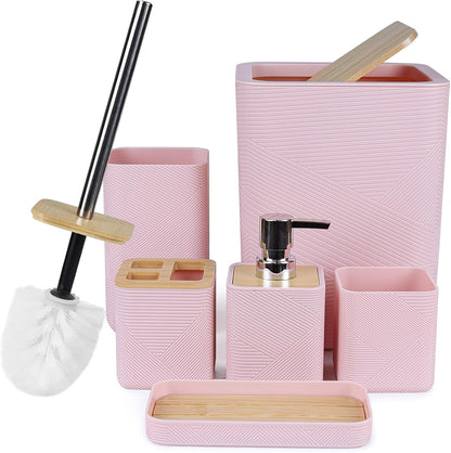 Bamboo Bathroom Accessories Set 6 Piece Bath Ensemble（Pink）