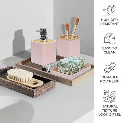 Bamboo Bathroom Accessories Set 6 Piece Bath Ensemble（Pink）