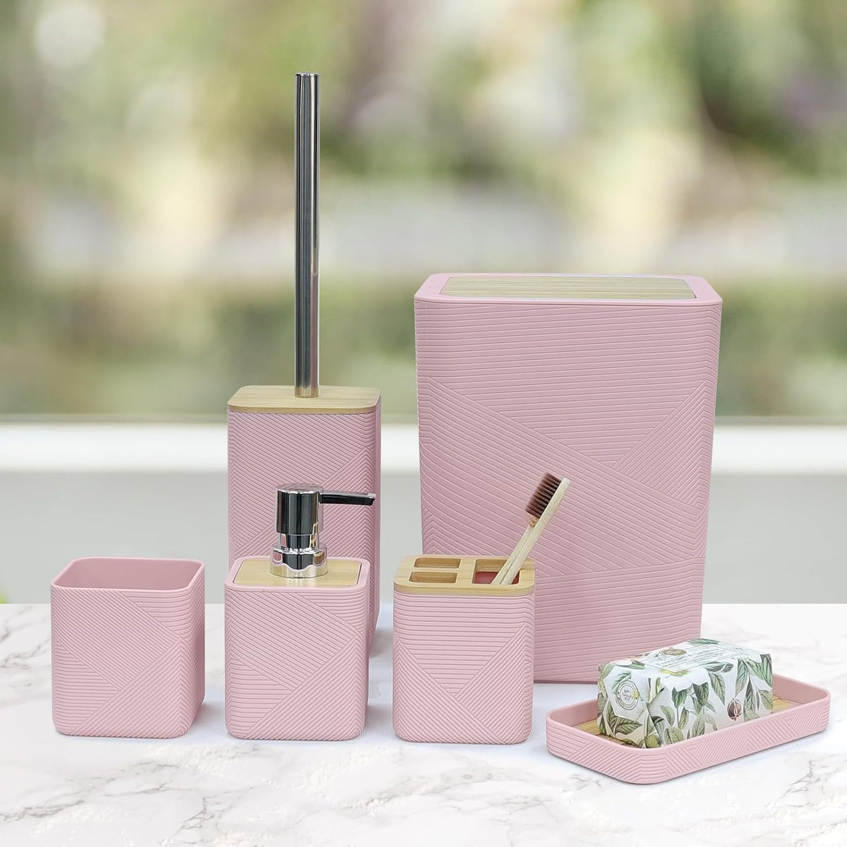 Bamboo Bathroom Accessories Set 6 Piece Bath Ensemble（Pink）