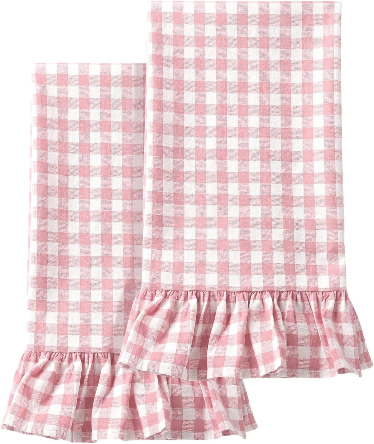 2 Pcs Light Pink Gingham Kitchen Towels Cotton Ruffled
