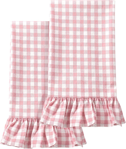 2 Pcs Light Pink Gingham Kitchen Towels Cotton Ruffled