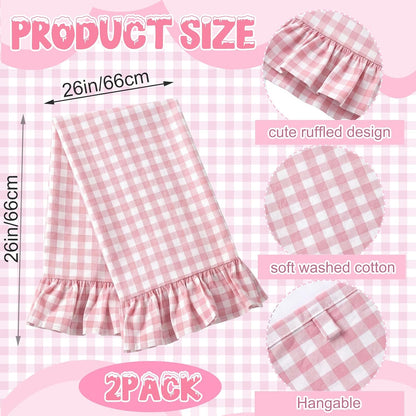 2 Pcs Light Pink Gingham Kitchen Towels Cotton Ruffled