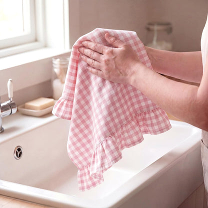 2 Pcs Light Pink Gingham Kitchen Towels Cotton Ruffled