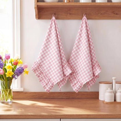 2 Pcs Light Pink Gingham Kitchen Towels Cotton Ruffled