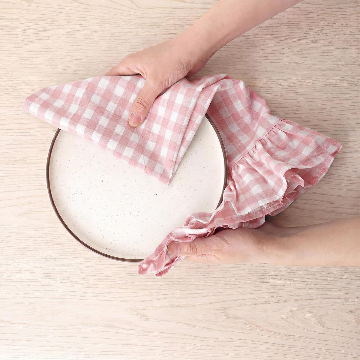 2 Pcs Light Pink Gingham Kitchen Towels Cotton Ruffled