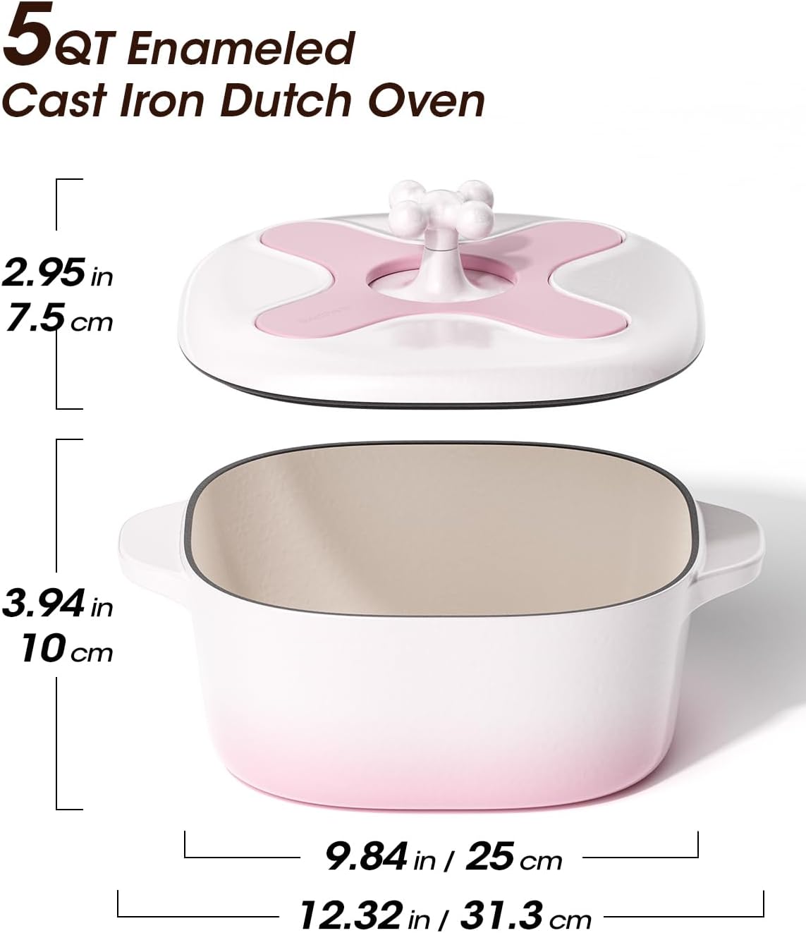 5 Quart Enameled Cast Iron Dutch Oven Pot with Lid, Oval, Cream Pink White