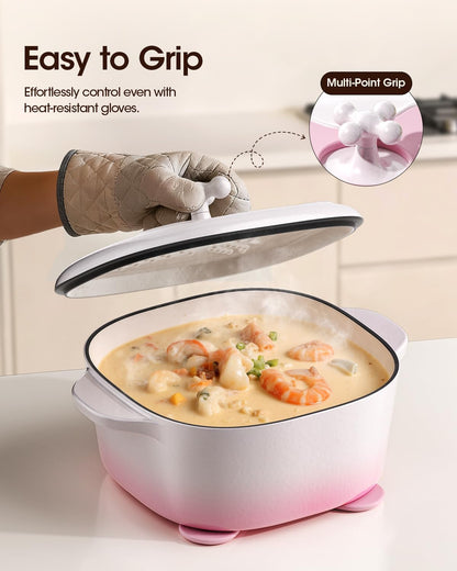 5 Quart Enameled Cast Iron Dutch Oven Pot with Lid, Oval, Cream Pink White