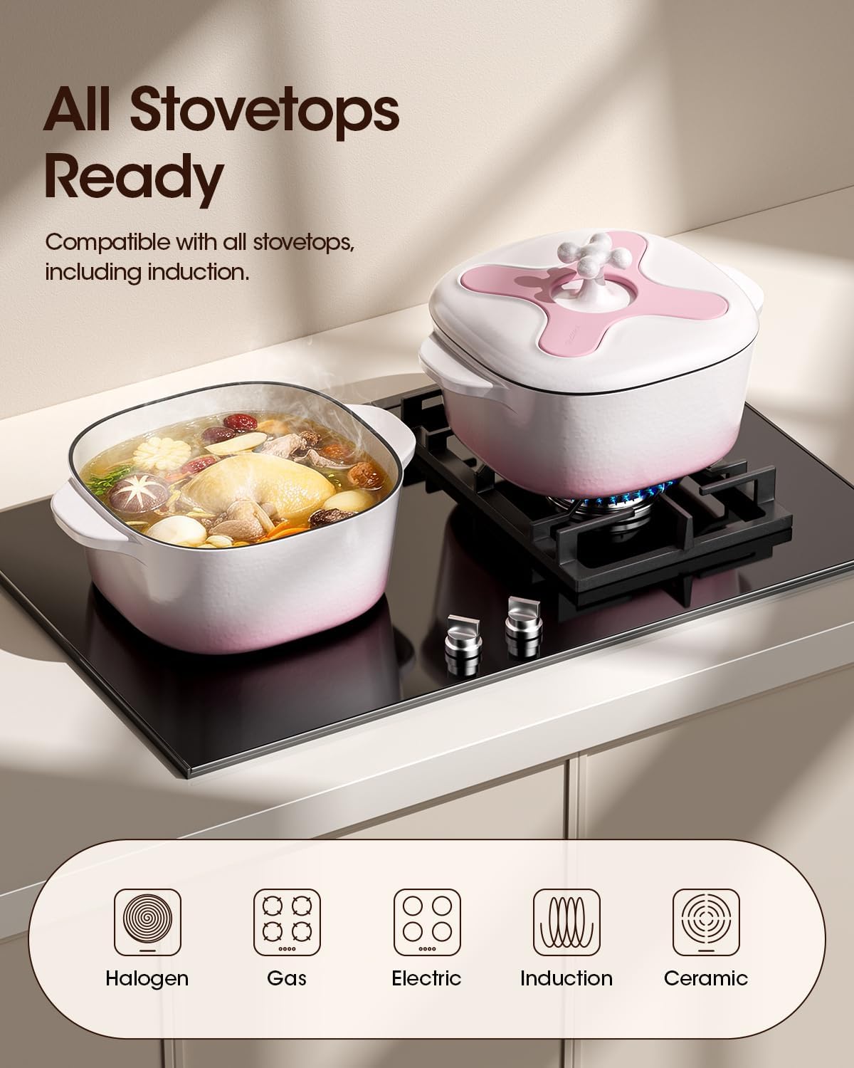 5 Quart Enameled Cast Iron Dutch Oven Pot with Lid, Oval, Cream Pink White
