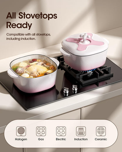 5 Quart Enameled Cast Iron Dutch Oven Pot with Lid, Oval, Cream Pink White