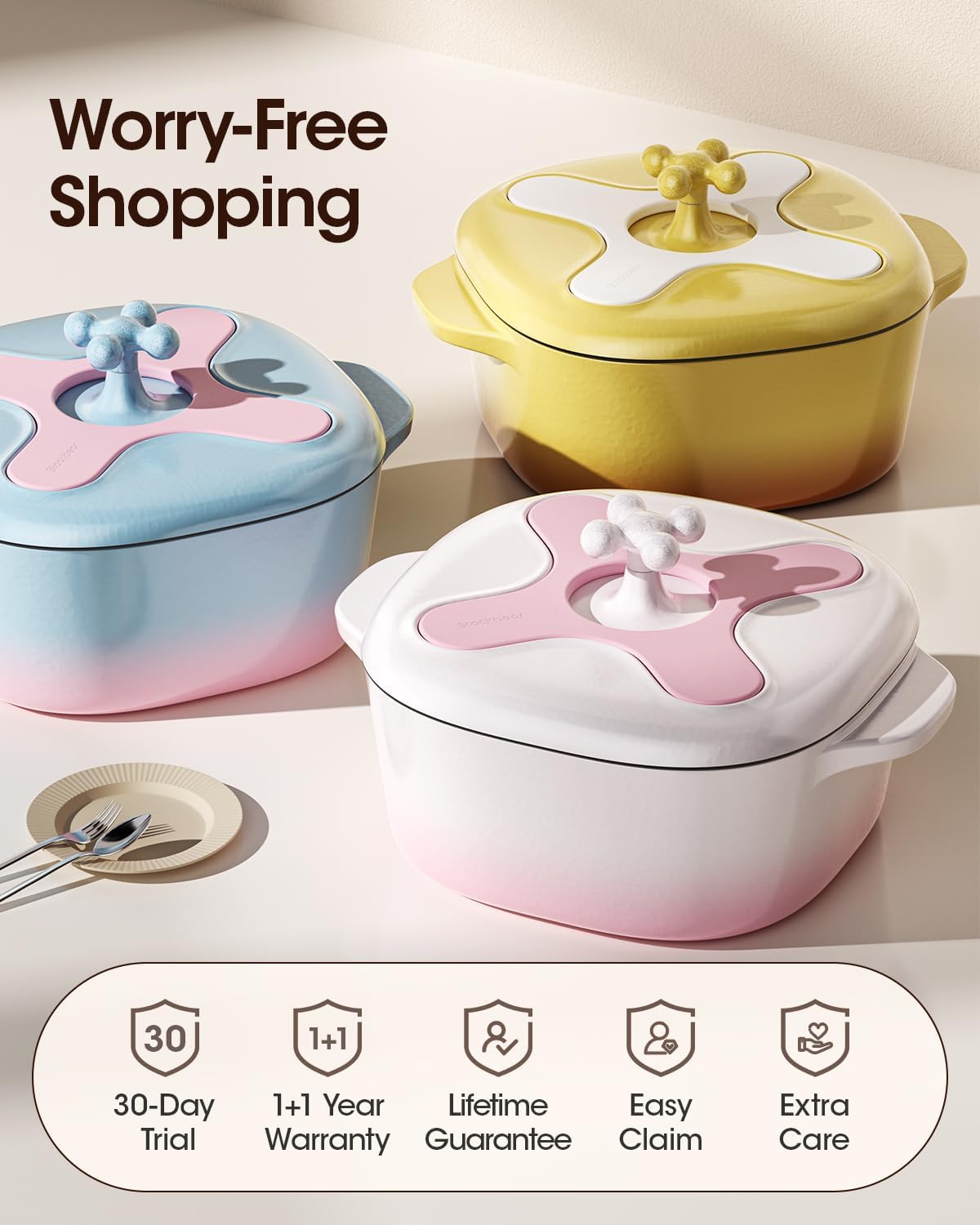 5 Quart Enameled Cast Iron Dutch Oven Pot with Lid, Oval, Cream Pink White