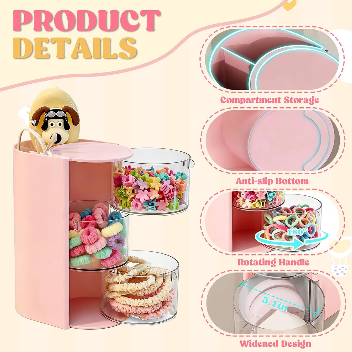 Azurphoric with Hair Brush Holder(Pink, 3-Layer)