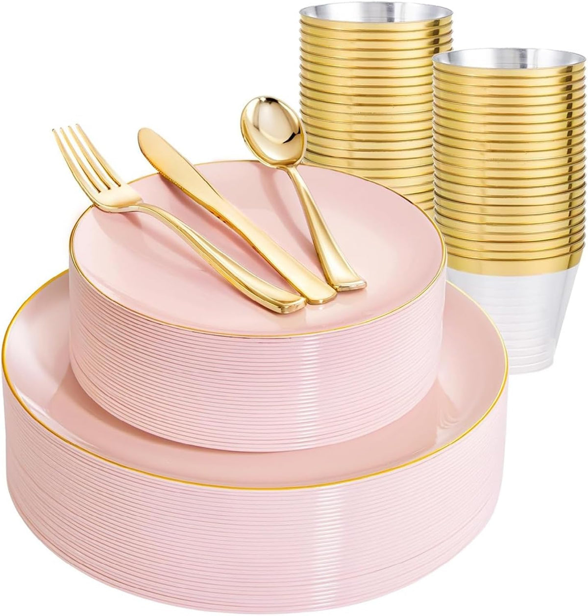150Pcs Pink Plates Disposable - Pink and Gold Plastic Plates 25guest Disposable Dinnerware Include 25 Dinner Plate, 25 Dessert Plate, 25 Cutlery & 25 9oz Cups for Baby Shower/Wedding/Summer Party