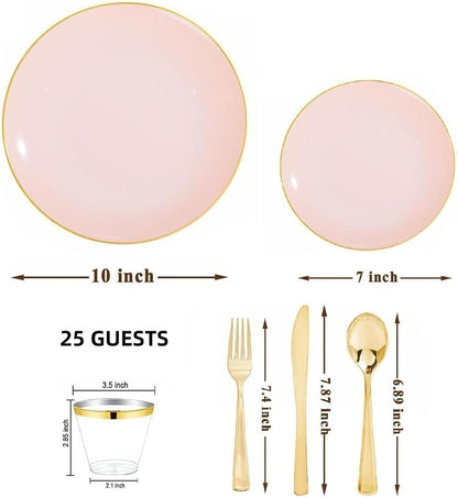 150Pcs Pink Plates Disposable - Pink and Gold Plastic Plates 25guest Disposable Dinnerware Include 25 Dinner Plate, 25 Dessert Plate, 25 Cutlery & 25 9oz Cups for Baby Shower/Wedding/Summer Party