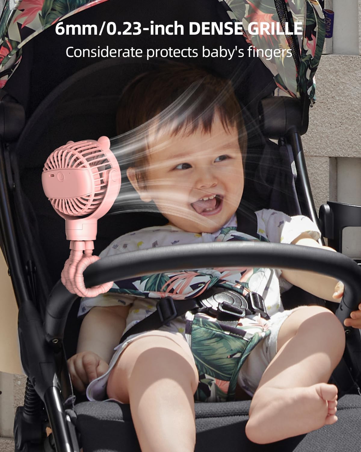 Portable Stroller Mini Fan, Small Rechargeable Personal Cooler w/ 360° Rotation, Baby Essentials for Car Seat, Crib, Bike, Treadmill, 3-Speed Battery Powered Stroller Accessories, Pink