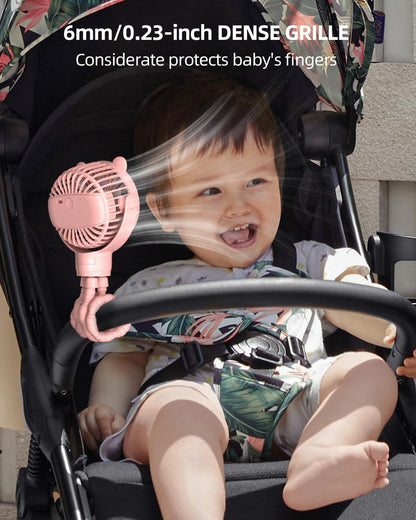 Portable Stroller Mini Fan, Small Rechargeable Personal Cooler w/ 360° Rotation, Baby Essentials for Car Seat, Crib, Bike, Treadmill, 3-Speed Battery Powered Stroller Accessories, Pink