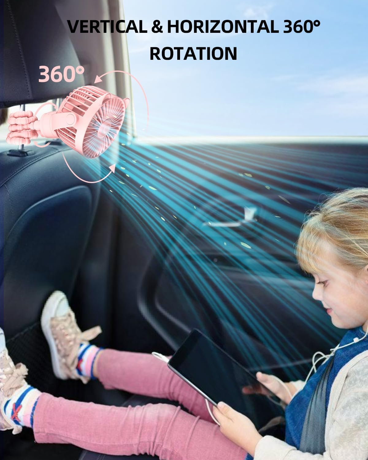 Portable Stroller Mini Fan, Small Rechargeable Personal Cooler w/ 360° Rotation, Baby Essentials for Car Seat, Crib, Bike, Treadmill, 3-Speed Battery Powered Stroller Accessories, Pink