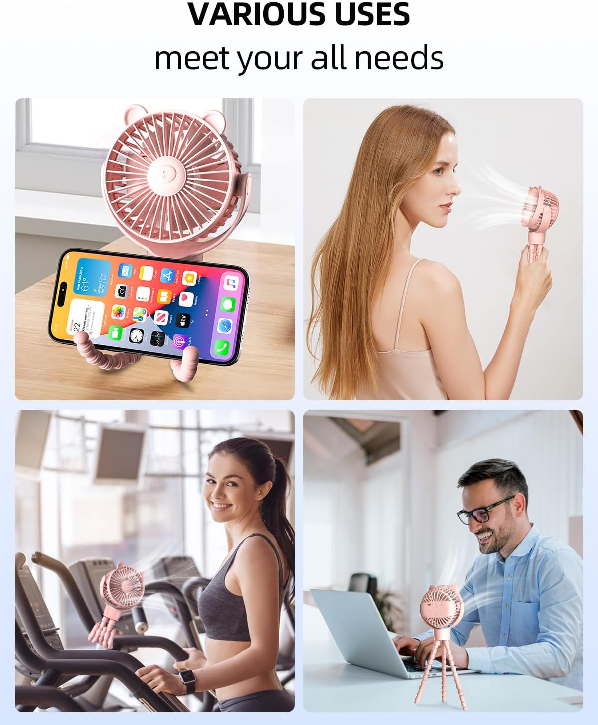 Portable Stroller Mini Fan, Small Rechargeable Personal Cooler w/ 360° Rotation, Baby Essentials for Car Seat, Crib, Bike, Treadmill, 3-Speed Battery Powered Stroller Accessories, Pink