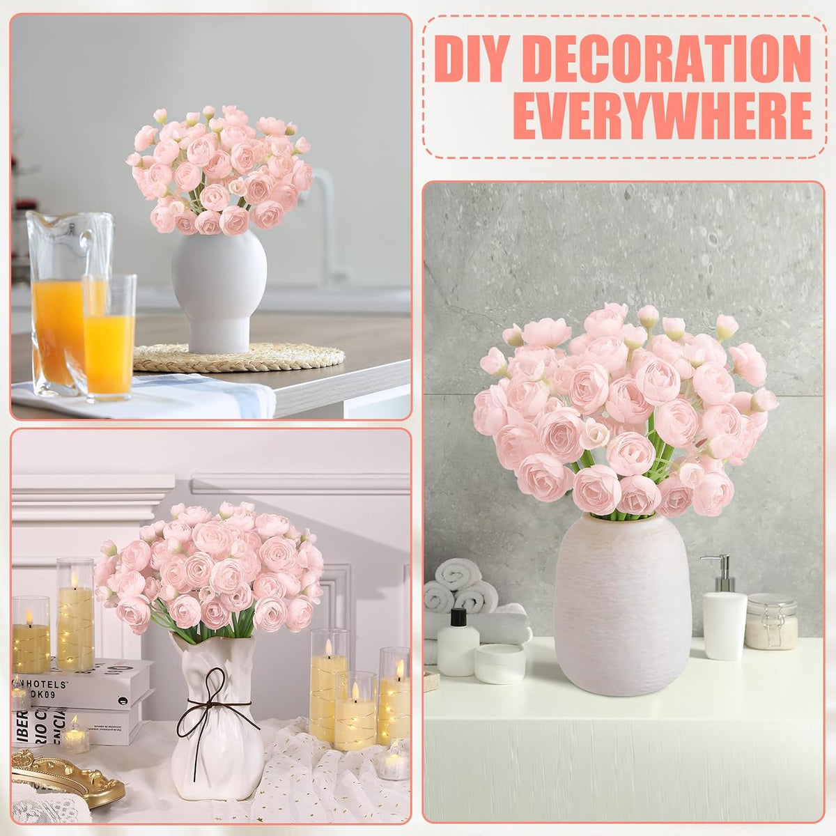 5 Bouquets Pink Ranunculus Artificial Flowers