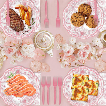 250 Pcs Pink Floral Plates and Napkins, 50 Guests Pink and White Scalloped Disposable Tableware Set Vintage Paper Plates Napkins for Wedding Bridal Shower Tea Garden Party Supplies