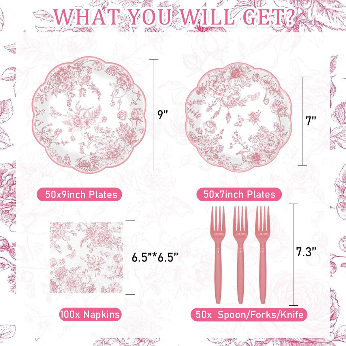 250 Pcs Pink Floral Plates and Napkins, 50 Guests Pink and White Scalloped Disposable Tableware Set Vintage Paper Plates Napkins for Wedding Bridal Shower Tea Garden Party Supplies