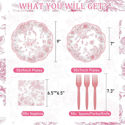 250 Pcs Pink Floral Plates and Napkins, 50 Guests Pink and White Scalloped Disposable Tableware Set Vintage Paper Plates Napkins for Wedding Bridal Shower Tea Garden Party Supplies