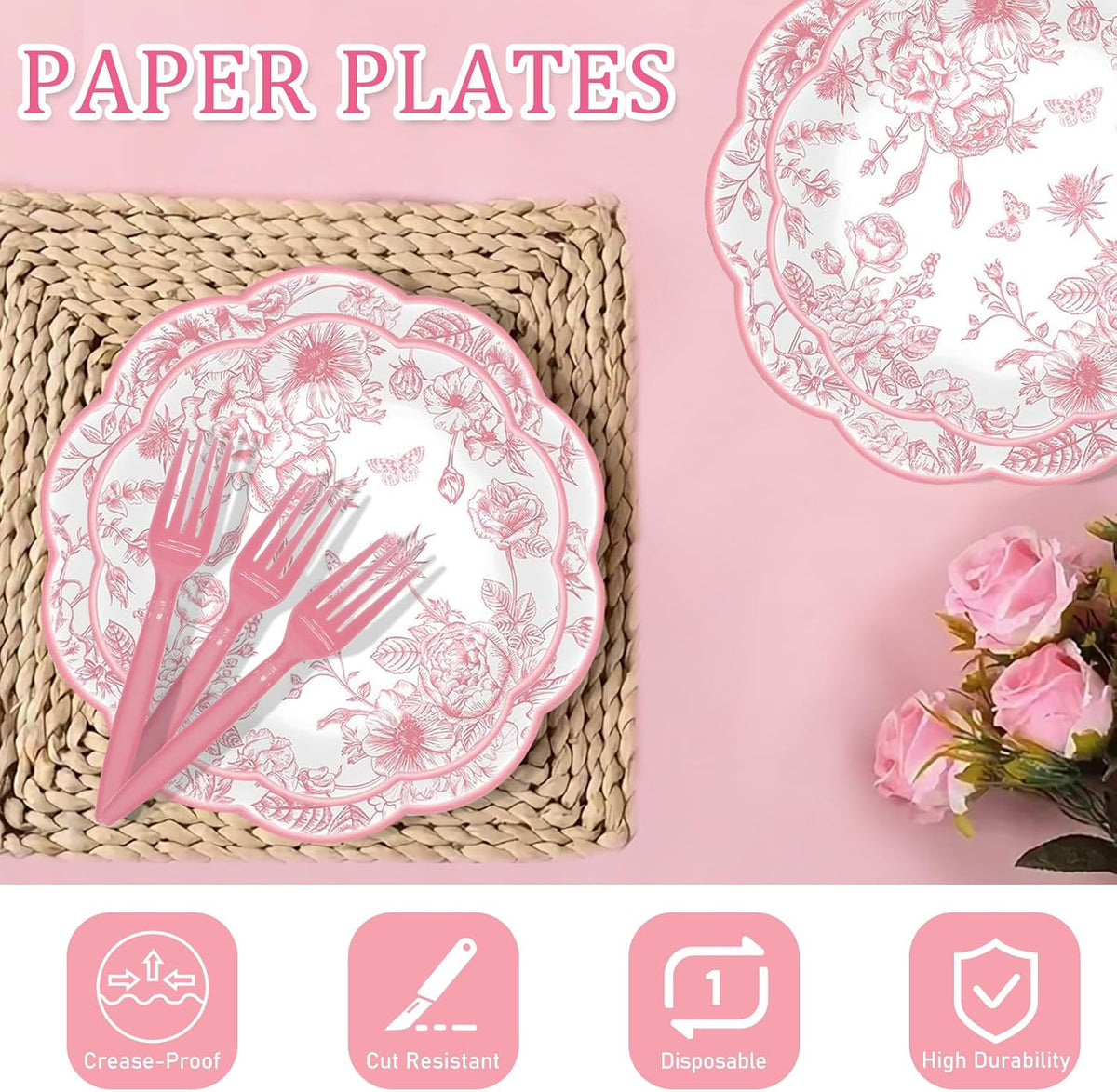 250 Pcs Pink Floral Plates and Napkins, 50 Guests Pink and White Scalloped Disposable Tableware Set Vintage Paper Plates Napkins for Wedding Bridal Shower Tea Garden Party Supplies