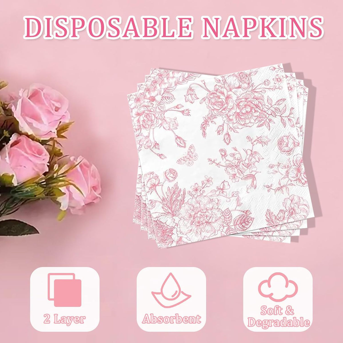 250 Pcs Pink Floral Plates and Napkins, 50 Guests Pink and White Scalloped Disposable Tableware Set Vintage Paper Plates Napkins for Wedding Bridal Shower Tea Garden Party Supplies