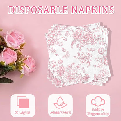 250 Pcs Pink Floral Plates and Napkins, 50 Guests Pink and White Scalloped Disposable Tableware Set Vintage Paper Plates Napkins for Wedding Bridal Shower Tea Garden Party Supplies