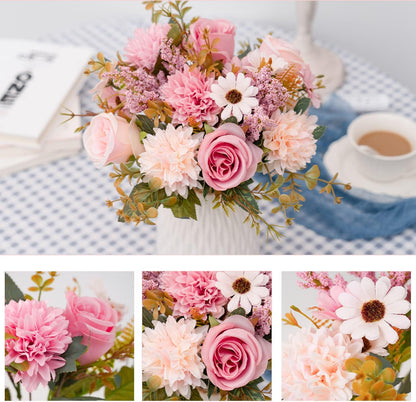 Fake Flowers in Vase, Artificial Pink Flowers in Vase for Decoration Faux Flowers Fake Floral for Home Decor Indoor Dining Table Centerpiece (Pink)
